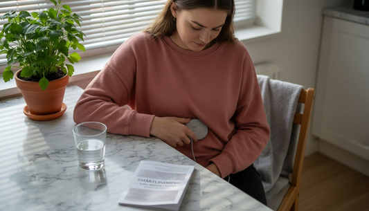 En kvinna lindrar mensvärk hemma med hjälp av en TENS-apparat.