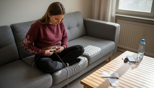 Ung kvinna lindrar mensvärk med TENS-apparat