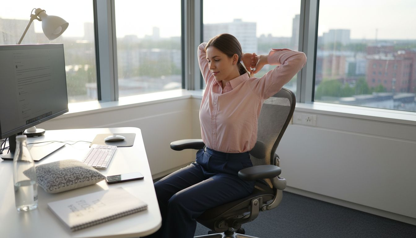 En kvinna börjar arbetsdagen med att sträcka ut kroppen vid skrivbordet.