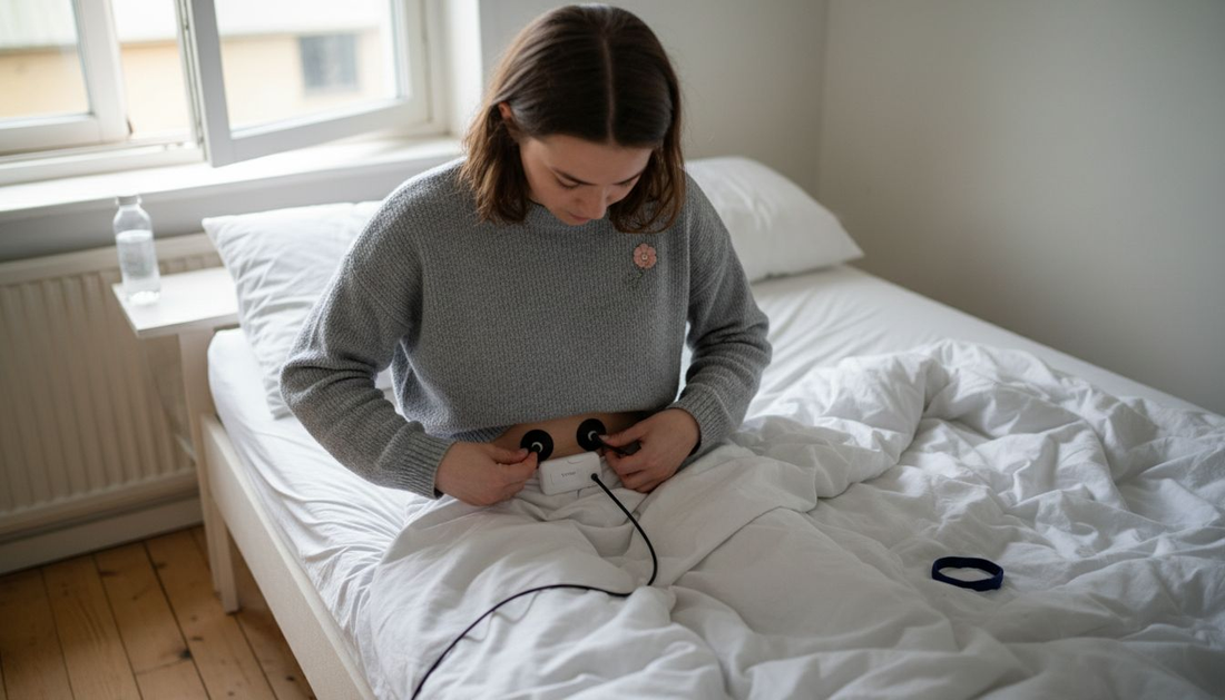 Kvinna lindrar menssmärtor med hjälp av TENS-apparat