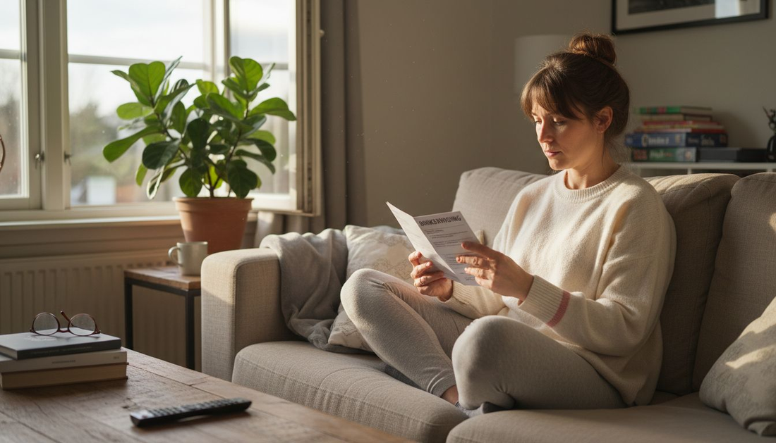 Kvinna som läser bruksanvisningen till en smärtlindrande apparat