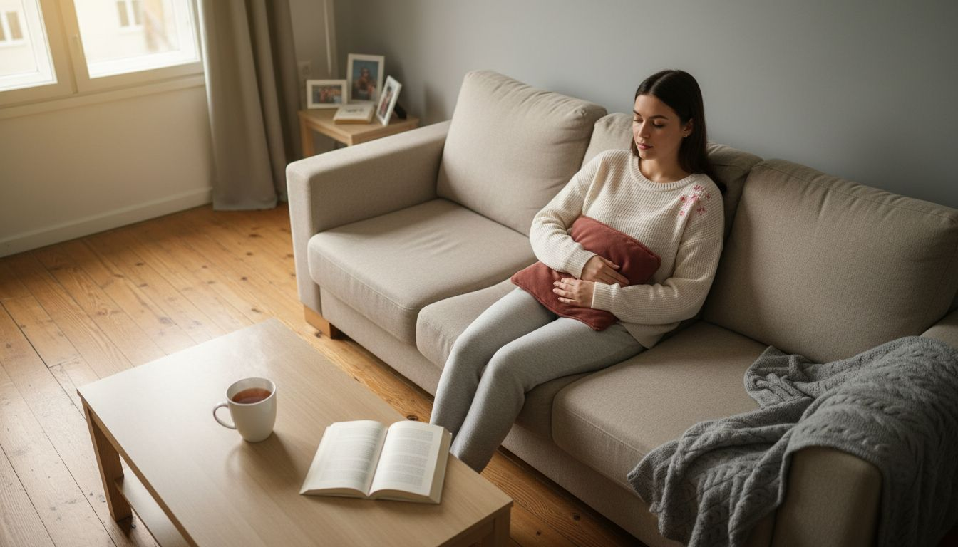 En ung kvinna sitter hemma i soffan och värmer sig med en värmedyna.