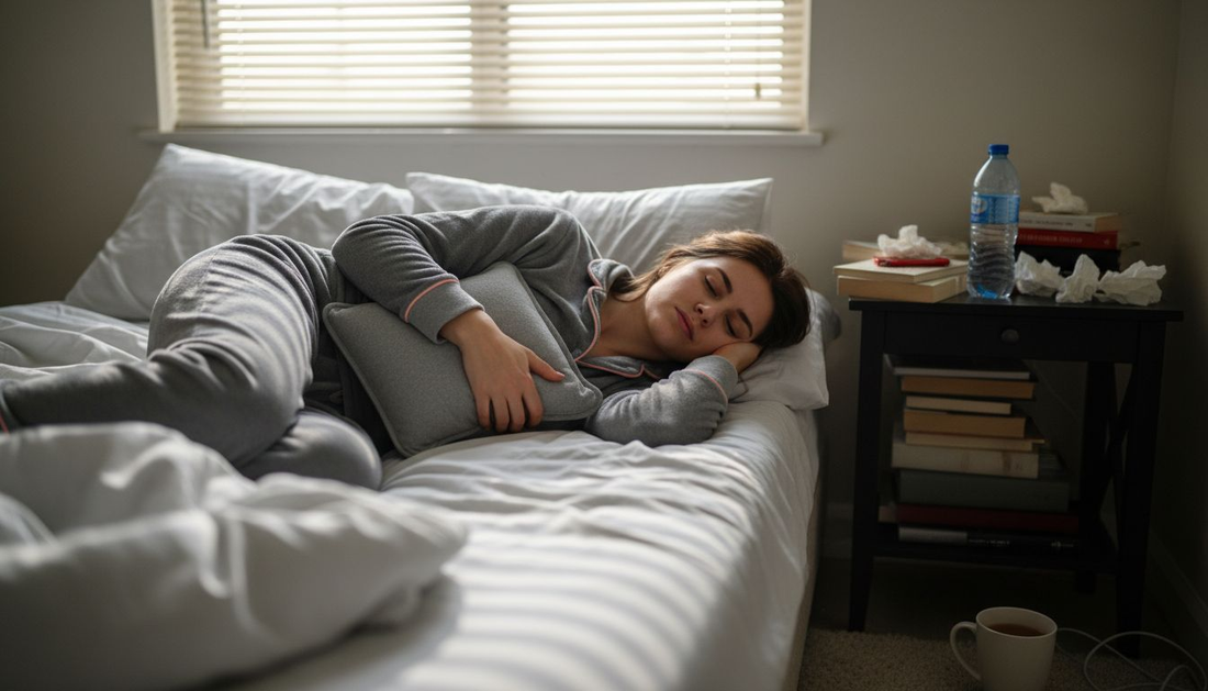 En kvinna ligger hemma i sovrummet och lindrar mensvärken med en värmande kudde mot magen.