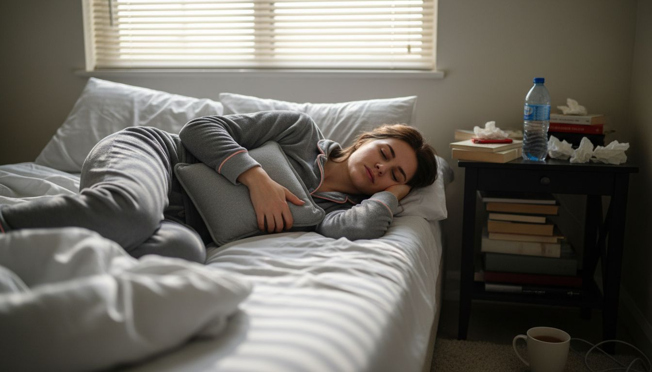 En kvinna ligger hemma i sovrummet och lindrar mensvärken med en värmande kudde mot magen.