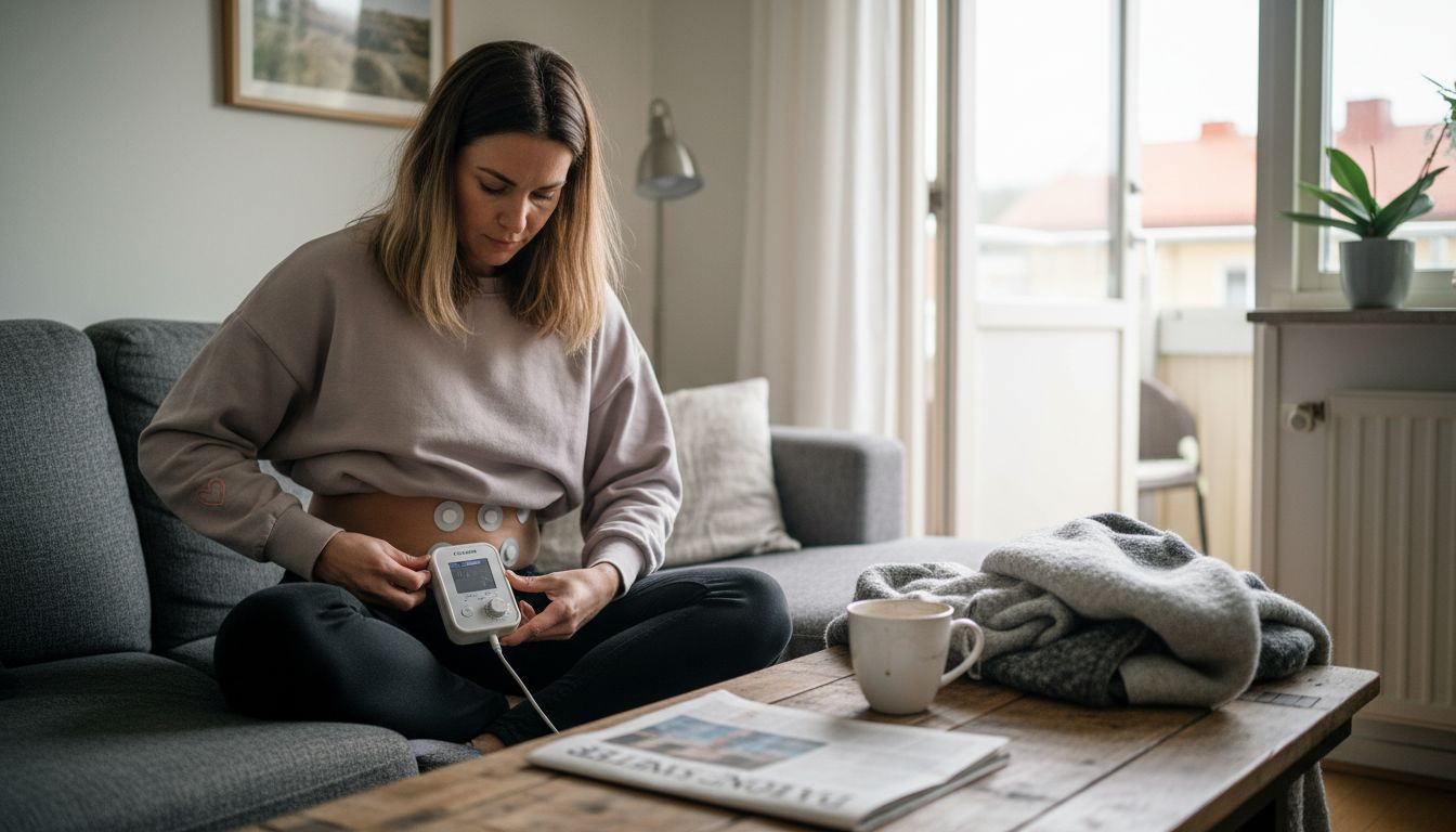 Kvinna använder TENS-apparat för smärtlindring