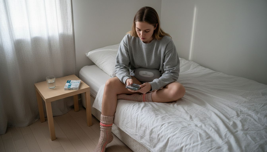 Kvinna lindrar mensvärk hemma med teknisk hjälpmedel