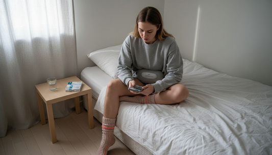 Kvinna lindrar mensvärk hemma med teknisk hjälpmedel