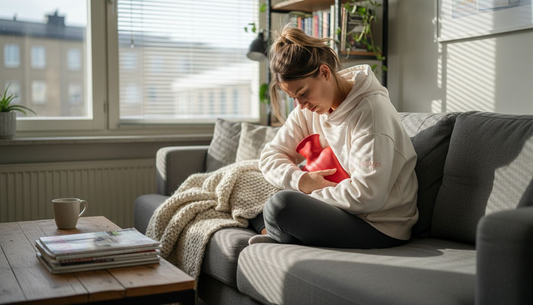 Kvinna ligger i soffan med en värmekudde mot magen.