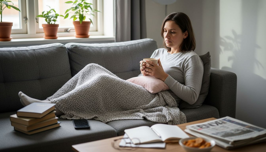 En kvinna kopplar av i vardagsrummet och lindrar mensvärken på ett naturligt sätt.
