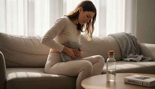 För att lindra mensvärken hemma använder kvinnan en värmedyna.