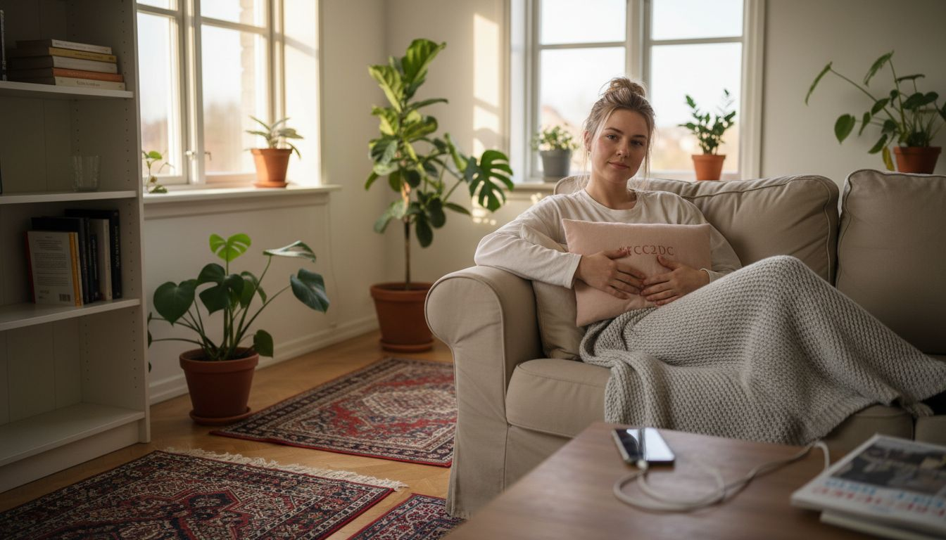 För att lindra mensvärken hemma väljer kvinnan att lägga en värmekudde på magen.