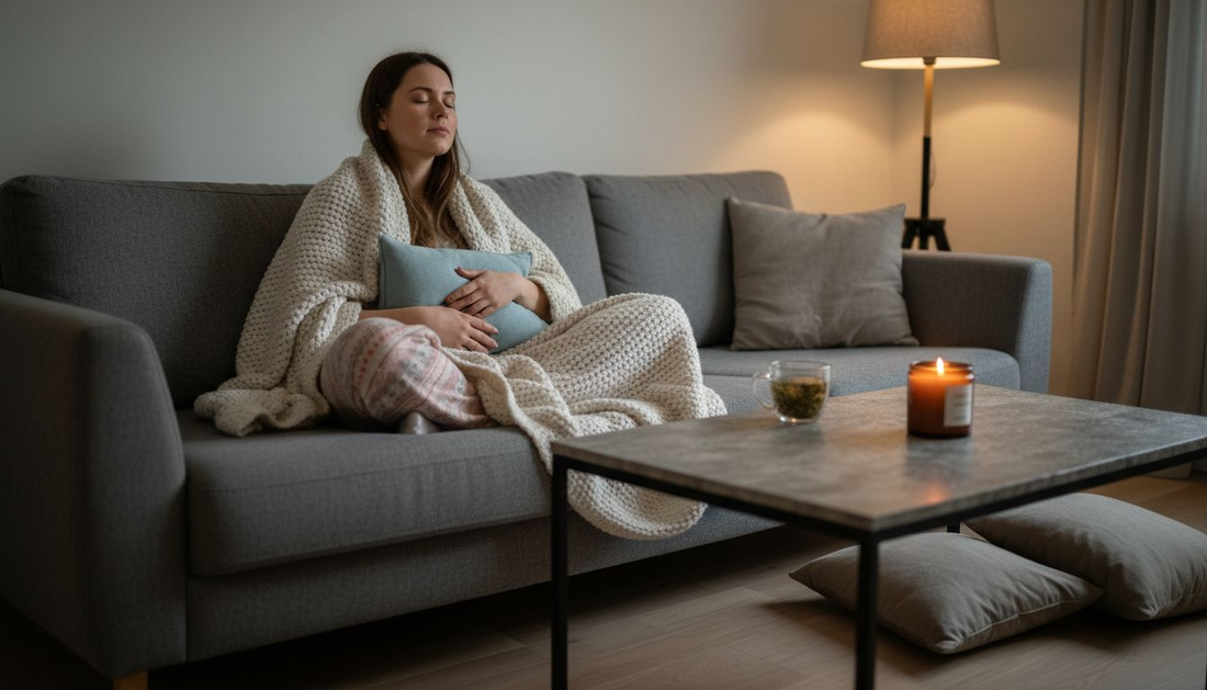 En kvinna ligger avslappnat i soffan för att lindra mensvärken.