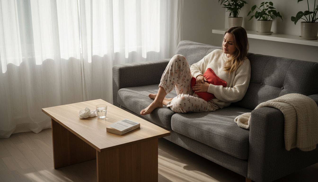 En kvinna ligger bekvämt i soffan med en värmedyna mot magen för att lindra mensvärken.