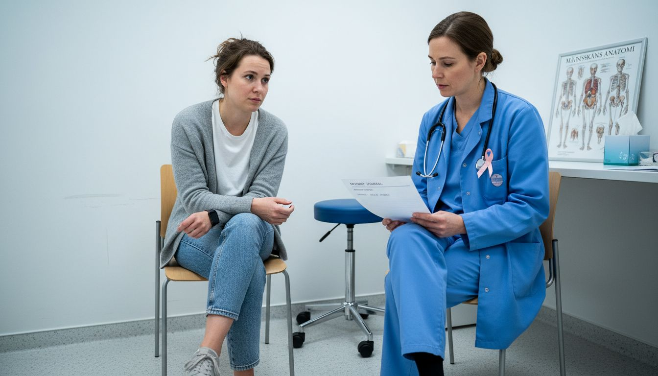 En kvinna sitter och pratar med läkaren under ett läkarbesök.