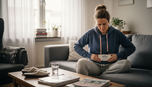 Kvinna lindrar mensvärk med hjälp av en TENS-apparat.