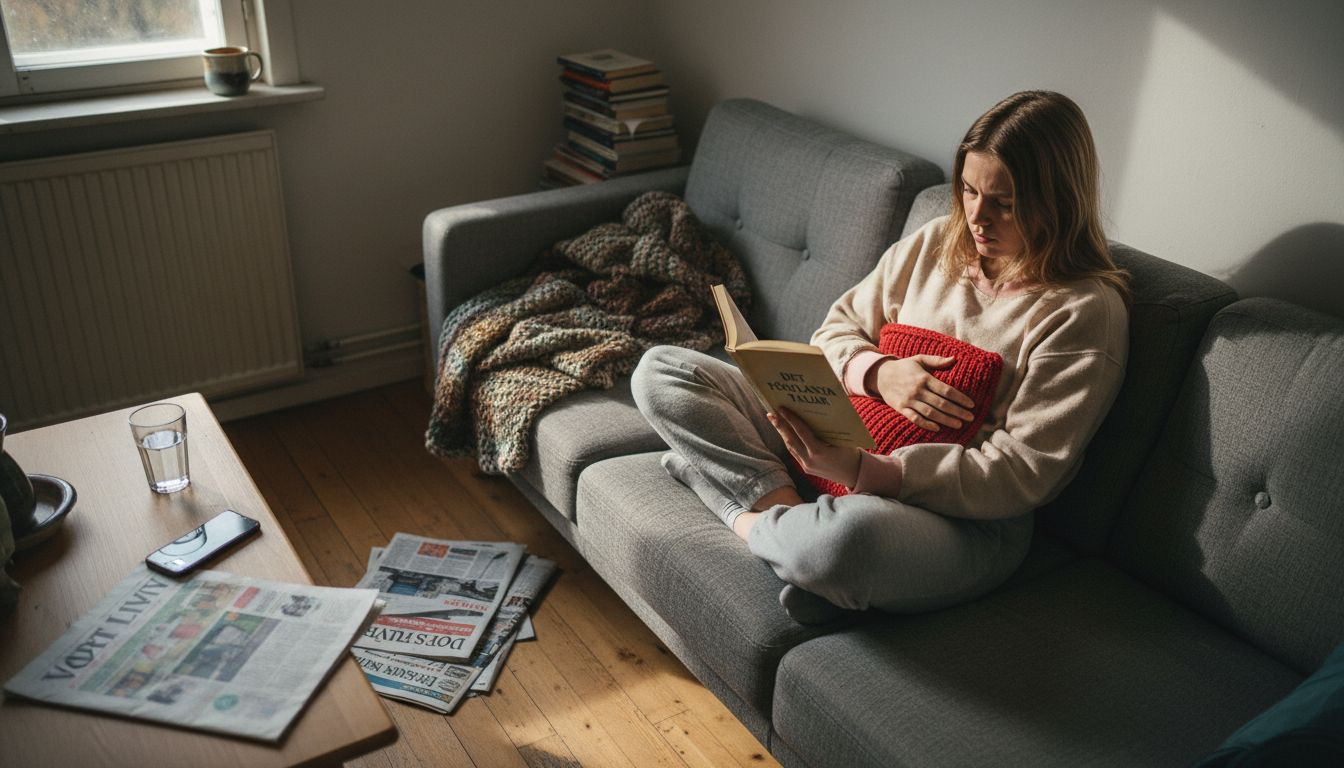 En ung kvinna sitter och håller en värmedyna mot magen för att lindra obehag.