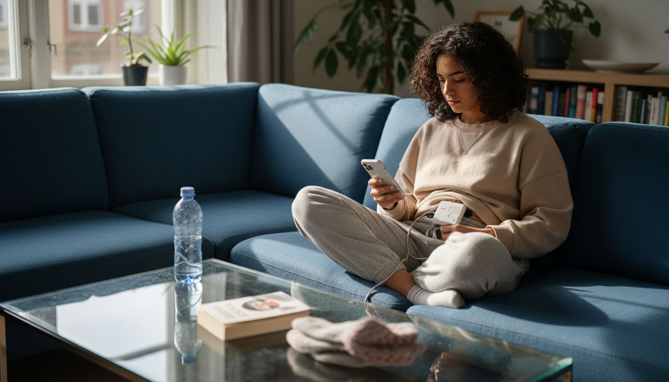 En kvinna lindrar mensvärken med hjälp av TENS-apparat.