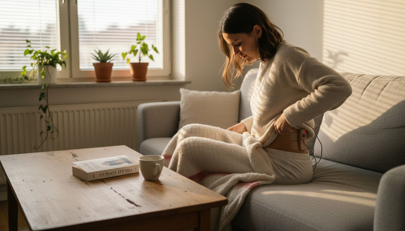 En kvinna justerar sin TENS-apparat hemma i sitt mysiga vardagsrum.