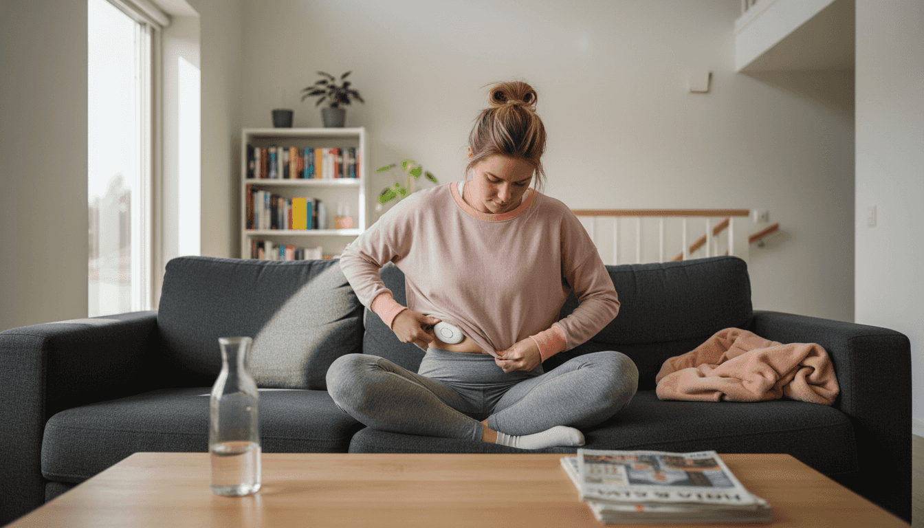 En kvinna sitter hemma i vardagsrummet och använder en TENS-apparat.