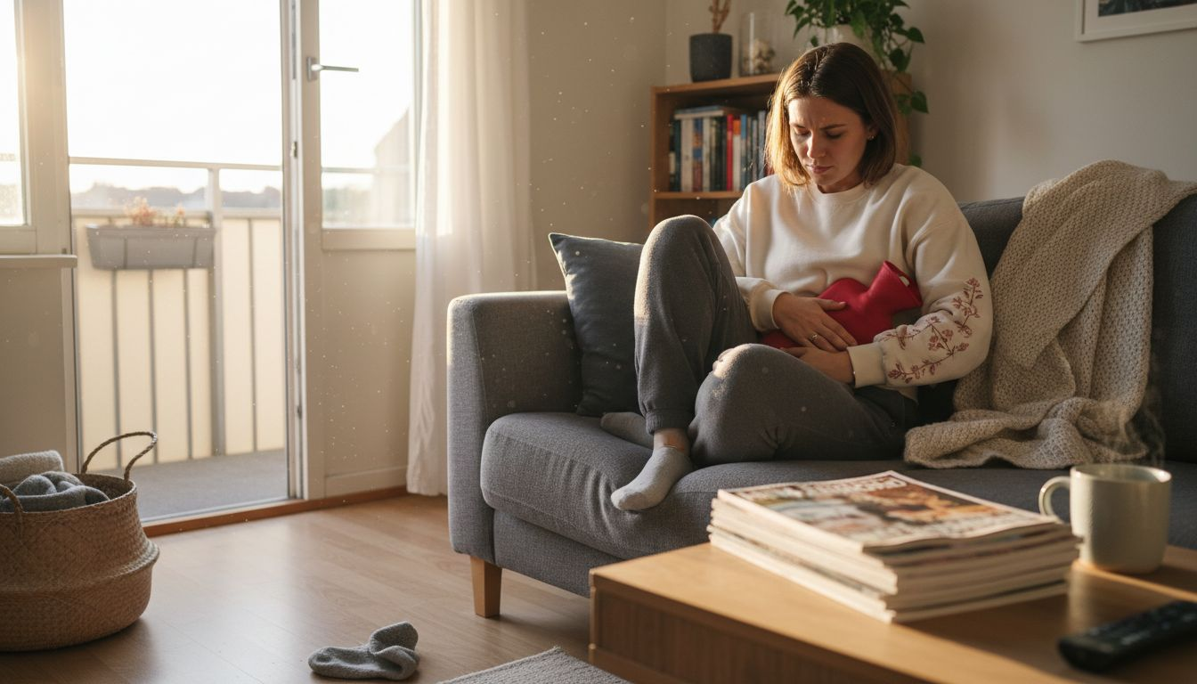 Kvinna lindrar mensvärk med en värmekudde