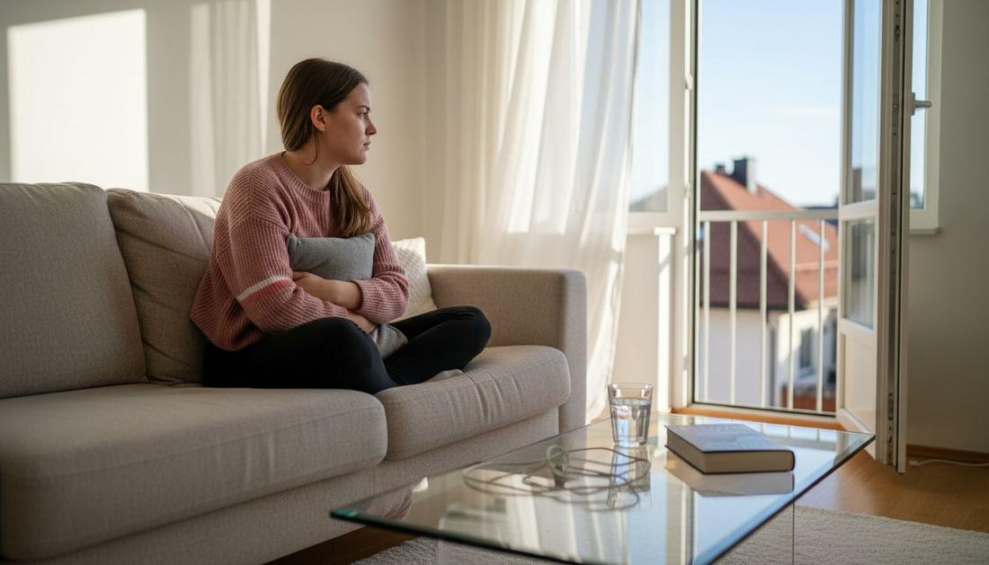 Kvinna ligger i soffan med värmekudde mot magen för att lindra mensvärk.