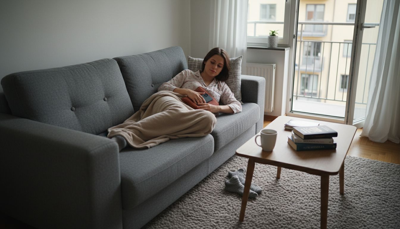 Kvinna vilar upp sig hemma på grund av mensvärk