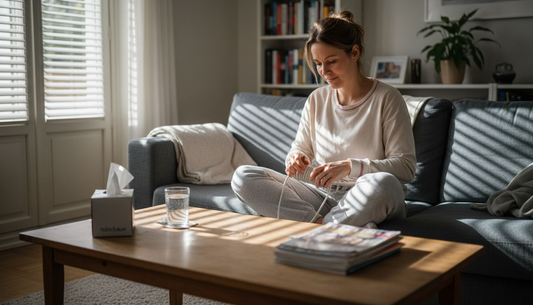 En kvinna gör i ordning en värmedyna i soffan.