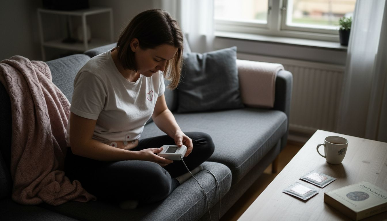 En kvinna sätter fast en TENS-apparat på magen.