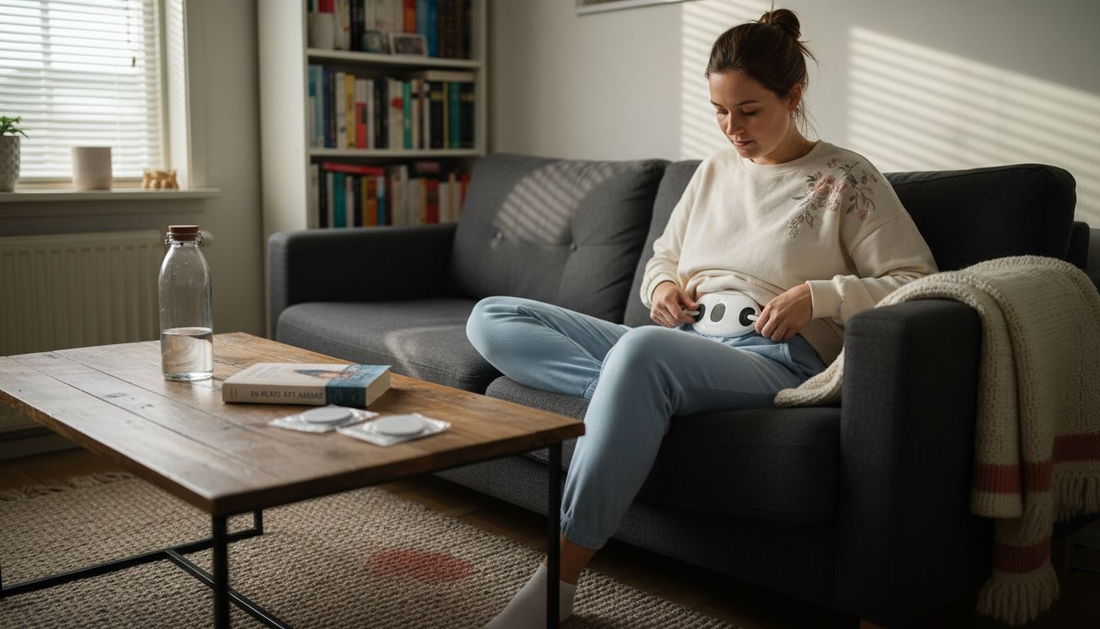 Kvinna lindrar smärta med hjälp av TENS-apparat