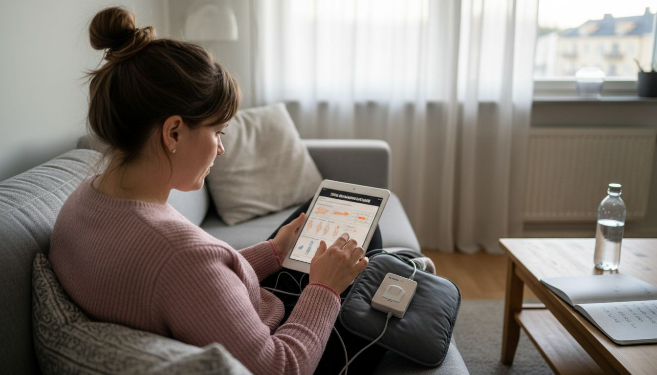 Kvinna med surfplatta och TENS-apparat i händerna