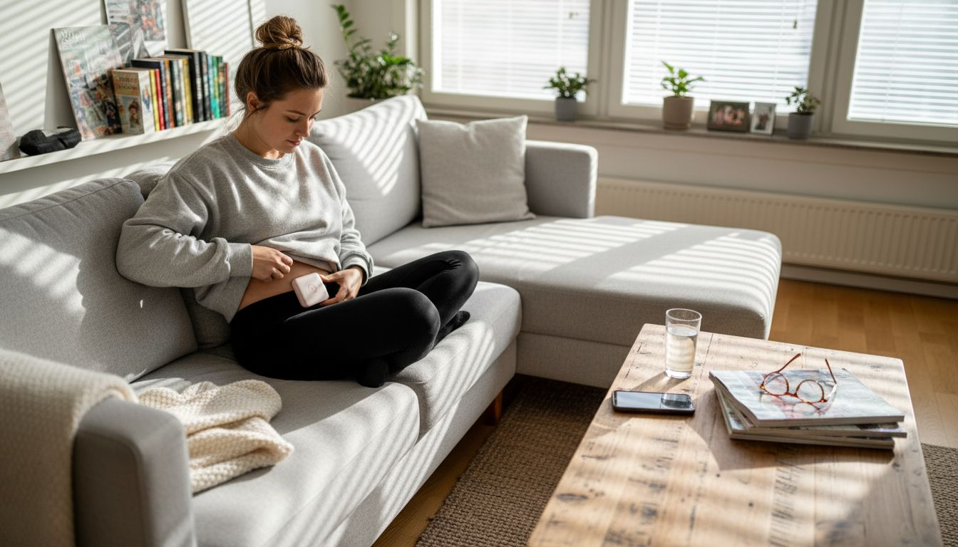 Kvinna använder TENS-apparat hemma för att lindra smärta.