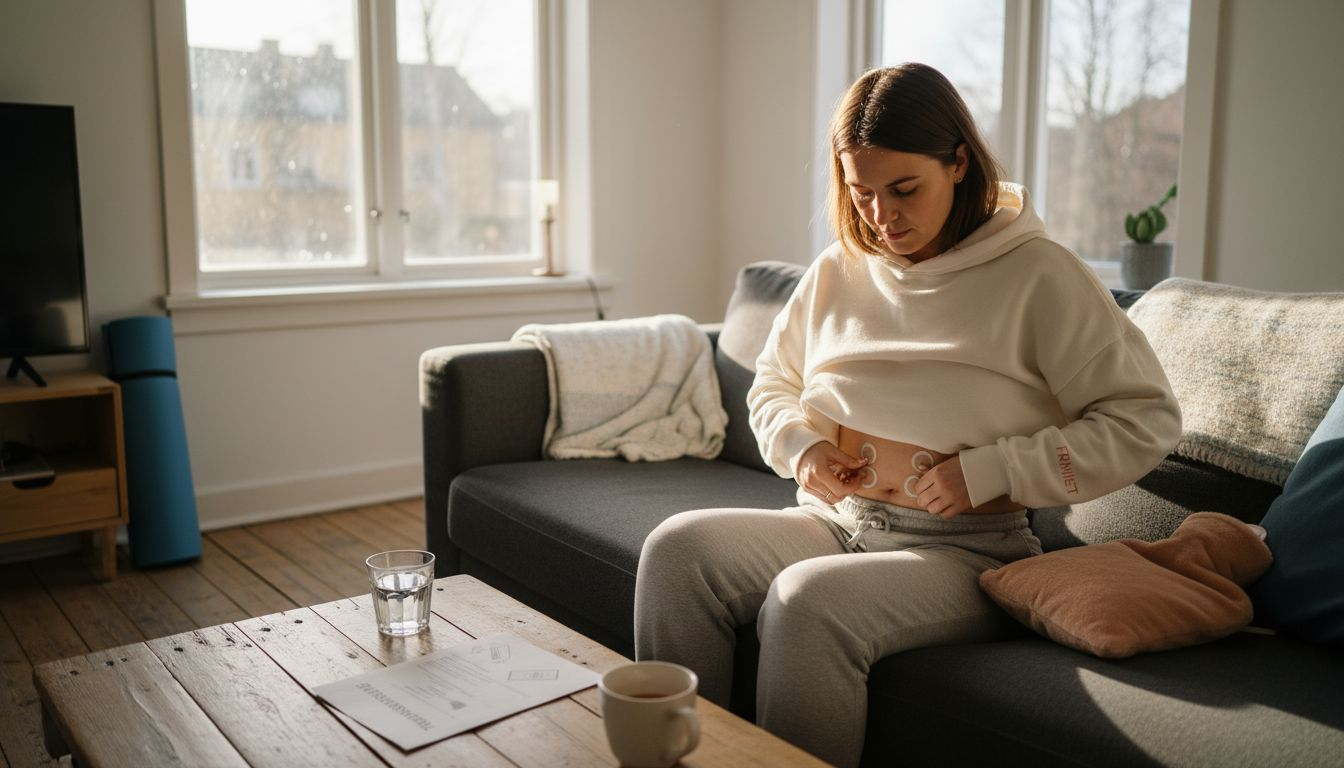 En kvinna använder en TENS-apparat för att lindra mensvärk.