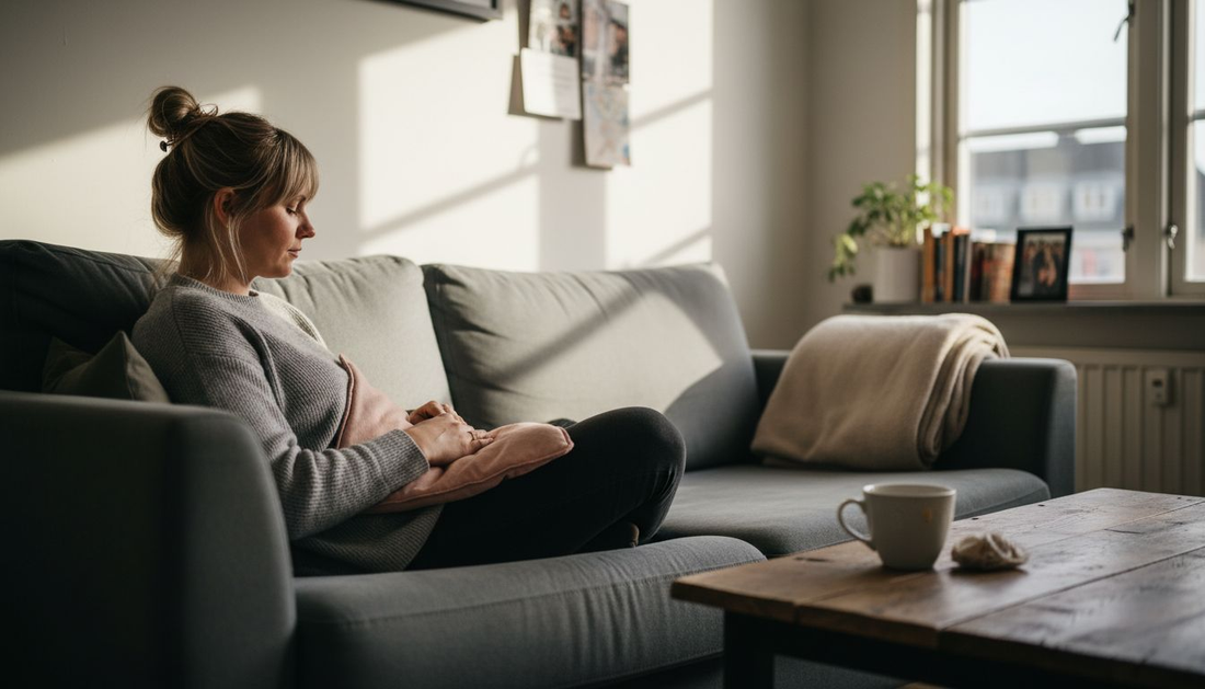 En kvinna ligger bekvämt i soffan med en värmedyna mot magen för att lindra smärta.