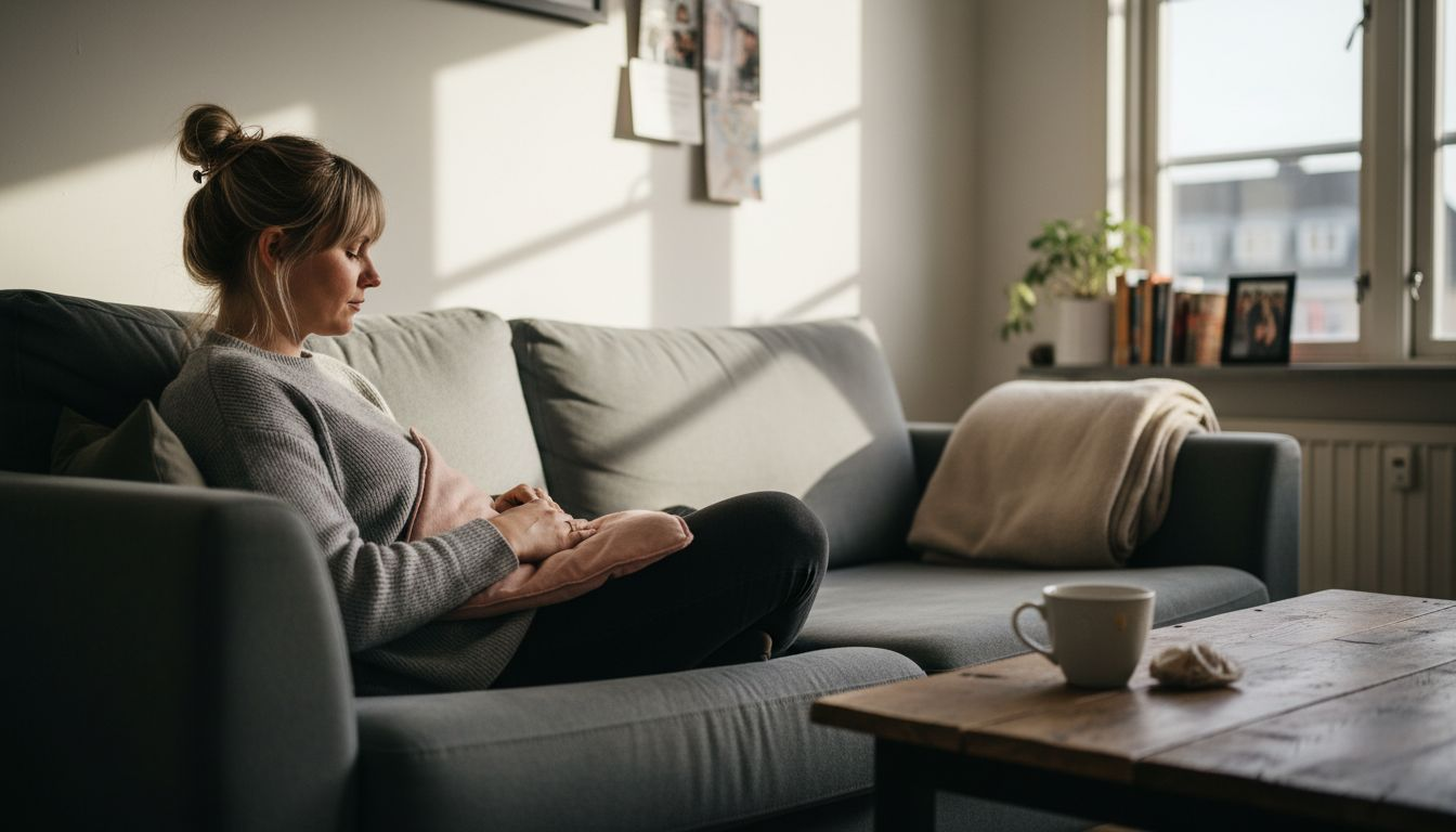 En kvinna ligger bekvämt i soffan med en värmedyna mot magen för att lindra smärta.