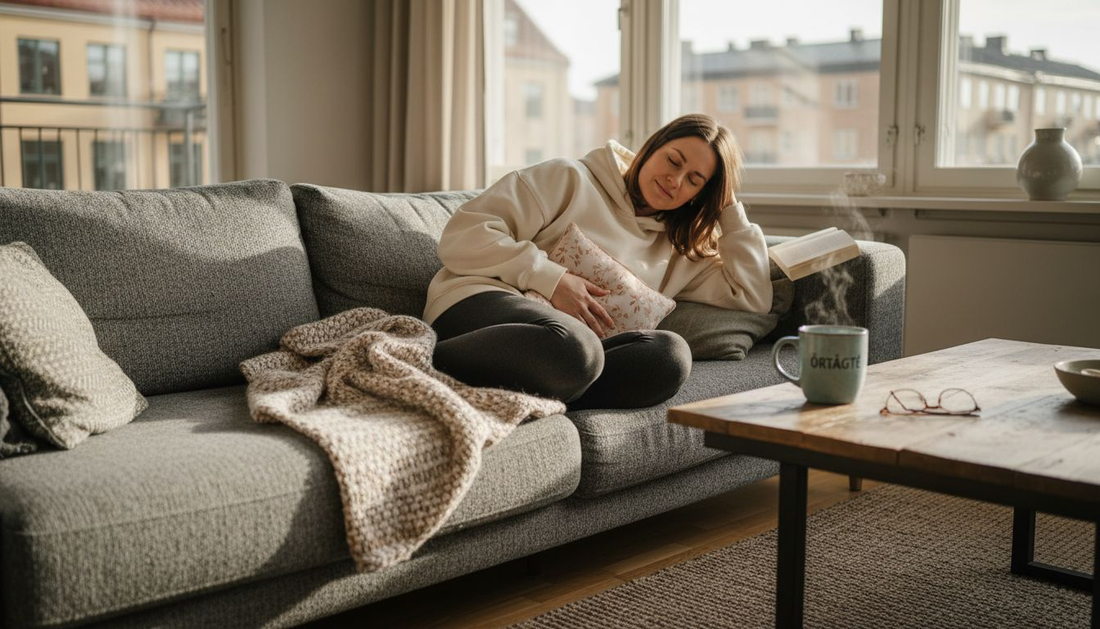 Kvinna lindrar mensvärk med värmekudde