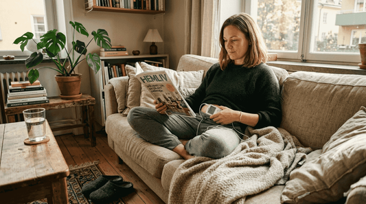 Kvinna lindrar menssmärtor hemma med hjälp av en TENS-apparat