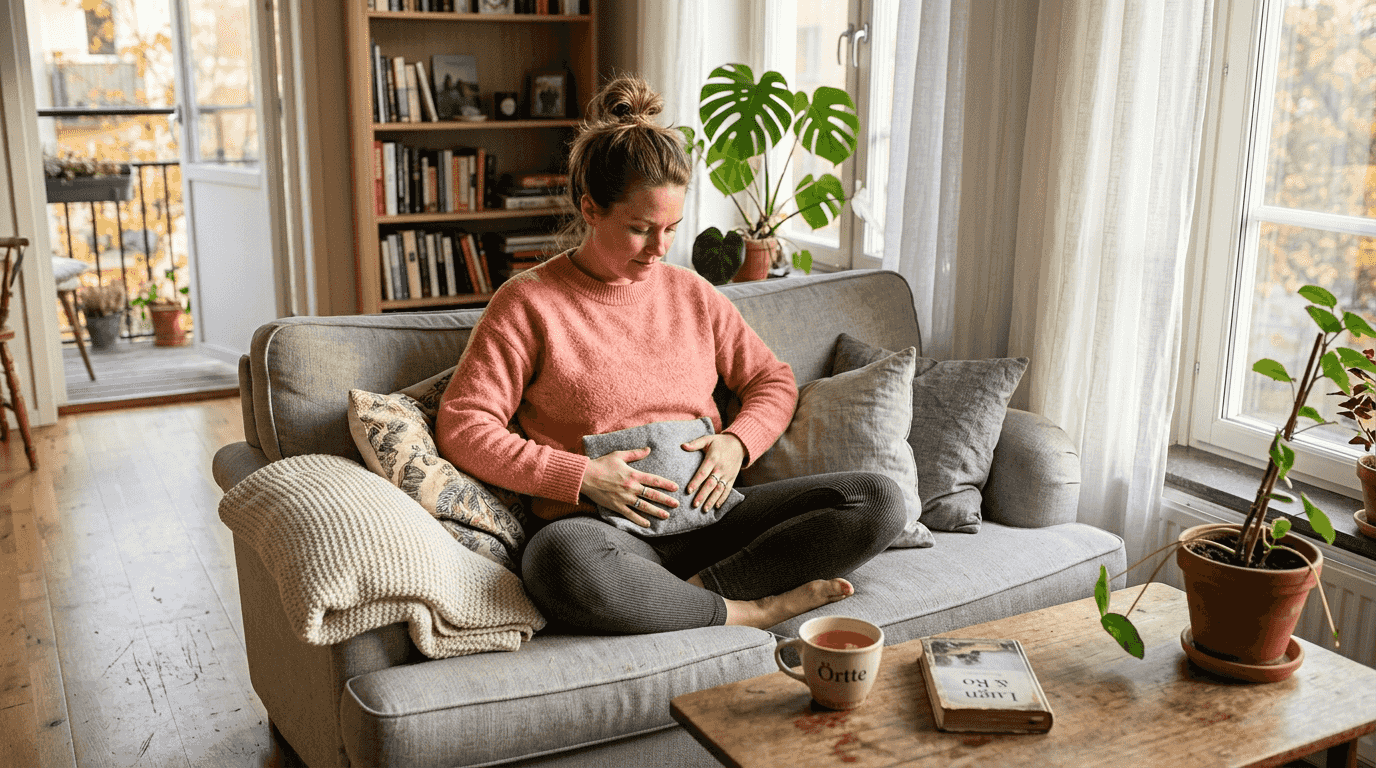 En kvinna lindrar mensvärk med en värmekudde för att ta hand om sig själv.