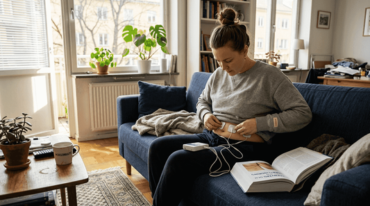 Kvinna sätter på en TENS-apparat för smärtlindring