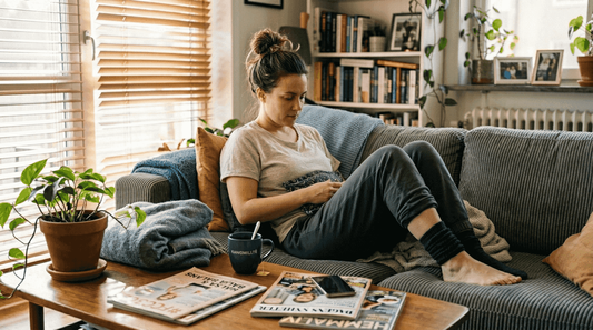 Kvinna lind sopig seeing vär att en värmedyna på magen för att lindra mensvärk.