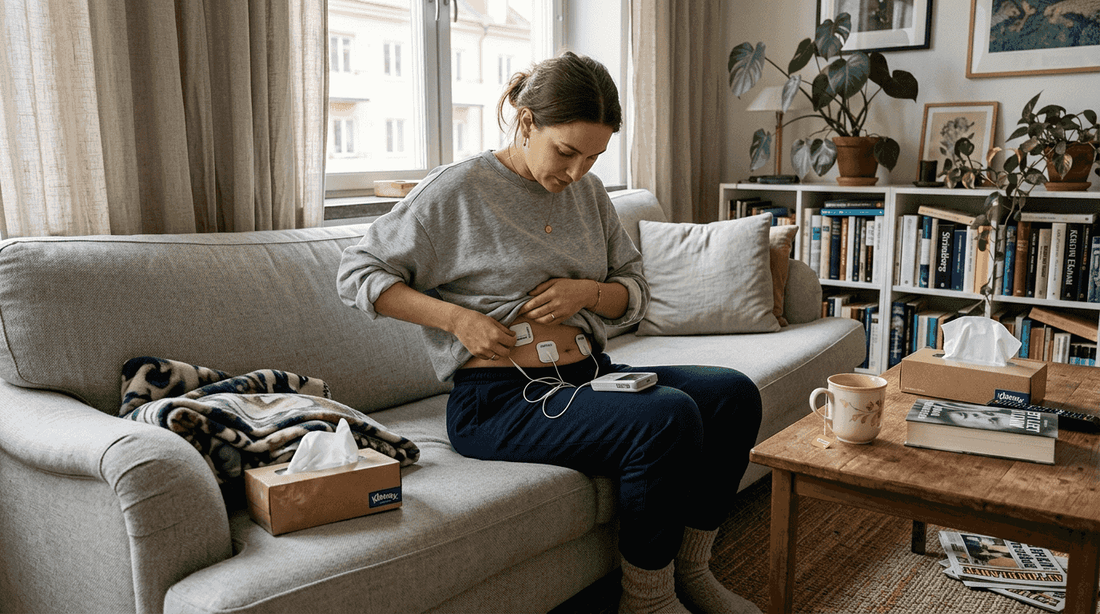 En kvinna lindrar sin mensvärk hemma med hjälp av TENS-apparat.