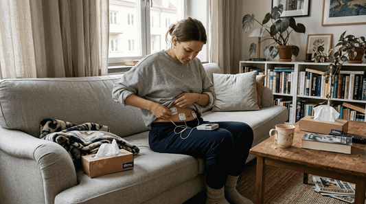 En kvinna lindrar sin mensvärk hemma med hjälp av TENS-apparat.