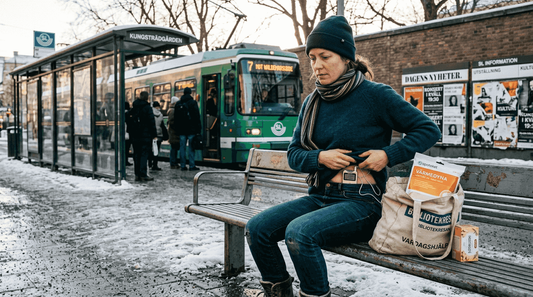 Kvinna lindrar mensvärk med hjälp av TENS-apparat