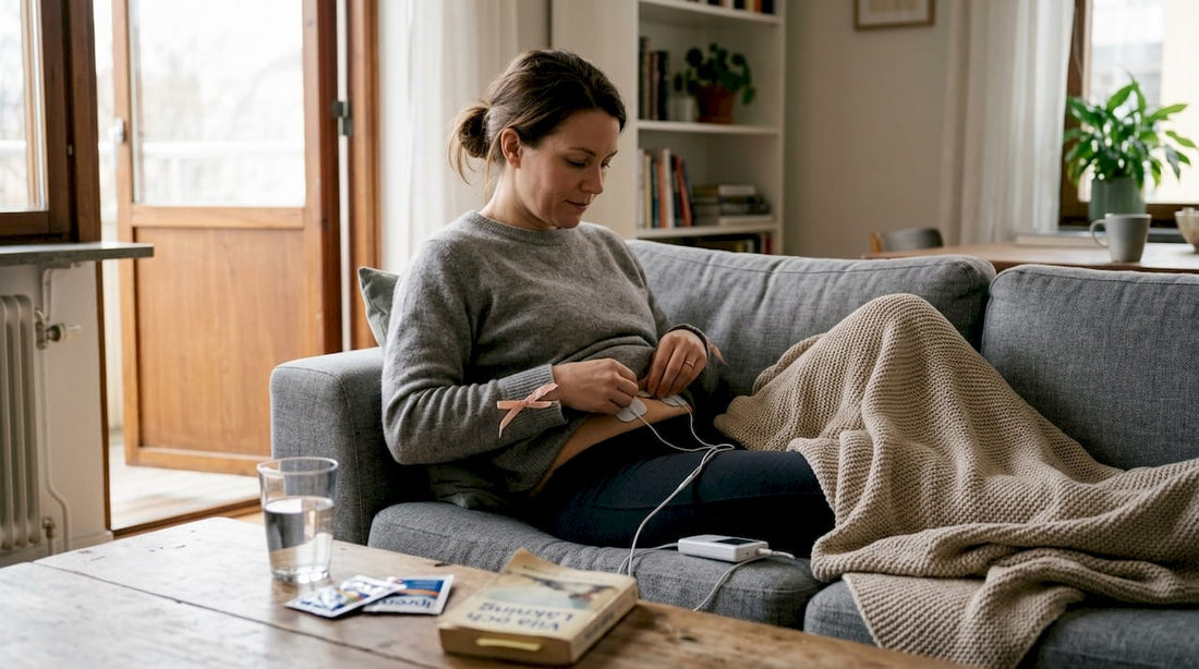 En kvinna sätter fast TENS-elektroder medan hon sitter hemma i soffan.