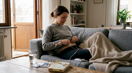 En kvinna sätter fast TENS-elektroder medan hon sitter hemma i soffan.