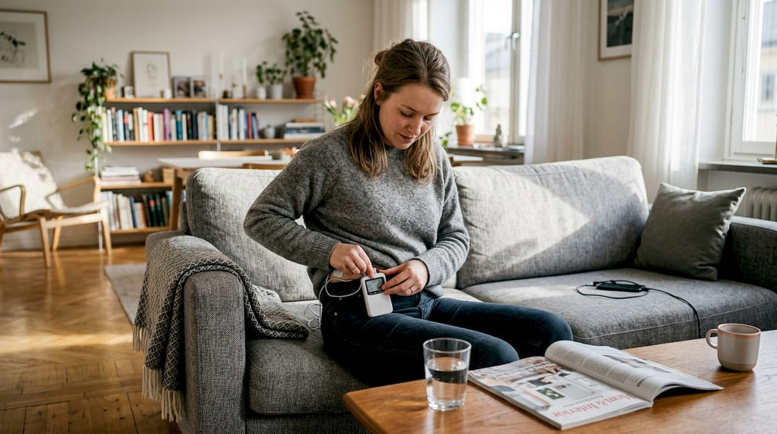 Kvinna justerar sin TENS-apparat medan hon sitter bekvämt i soffan hemma.
