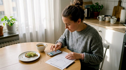 En kvinna sitter vid köksbordet och kollar sin menscykel på mobilen.