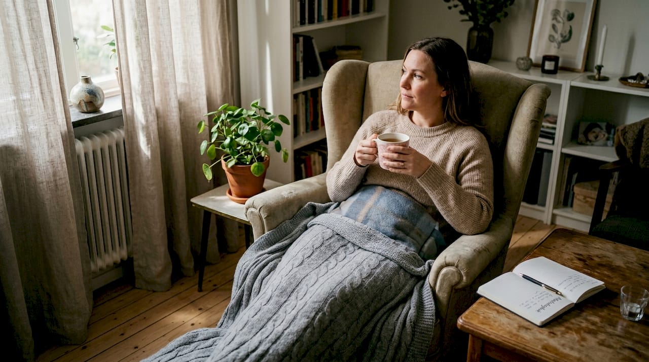 En kvinna sitter bekvämt i sin favoritfåtölj, insvept i ett värmande omslag och njuter av en kopp te.