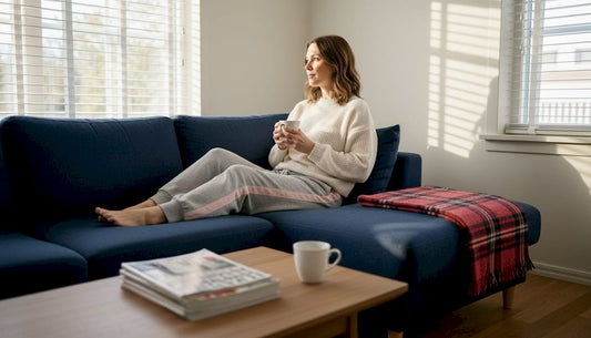 Kvinna sitter i soffan och justerar värmedynan för att få den på plats.