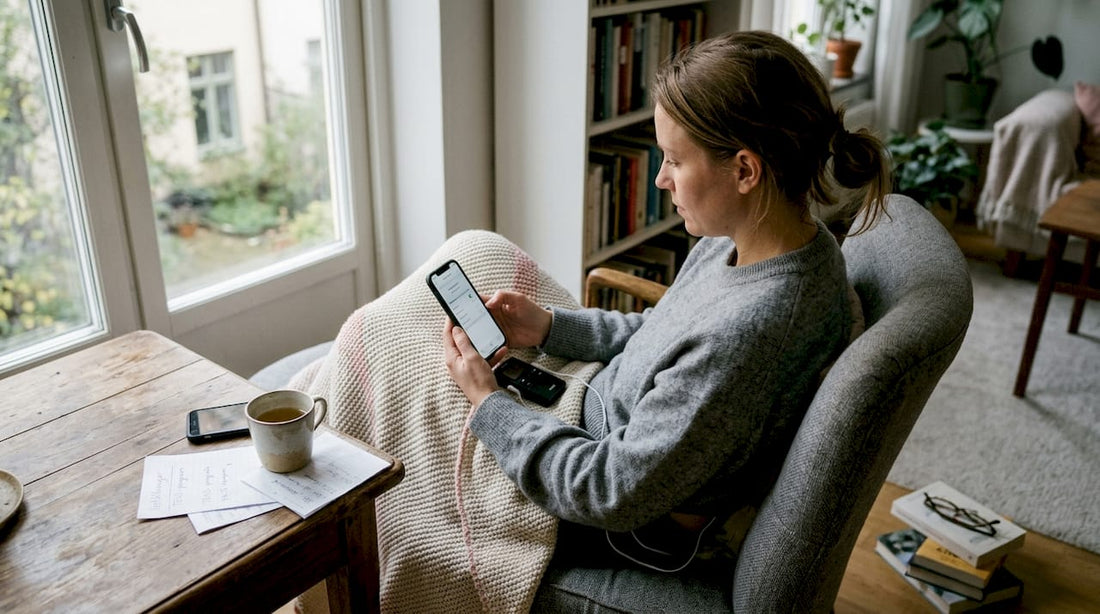 En kvinna sitter i vardagsrummet och använder en TENS-apparat.