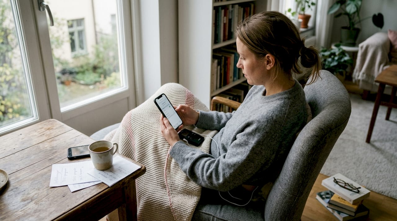 En kvinna sitter i vardagsrummet och använder en TENS-apparat.